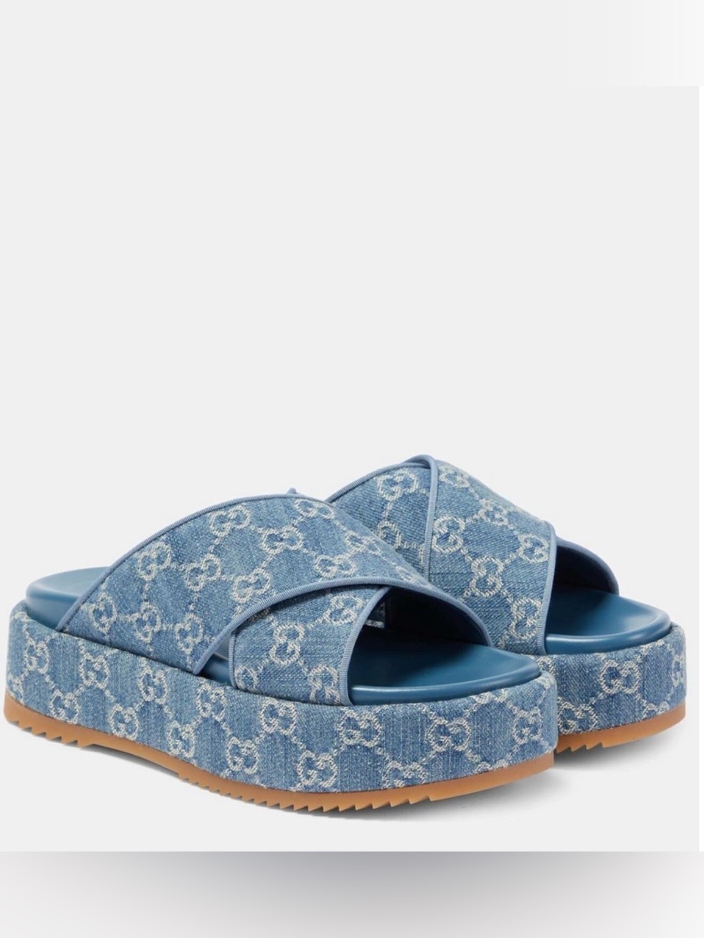 GUCCI Light Blue Denim Cross-Strap Platform Mules (with box)🩵
